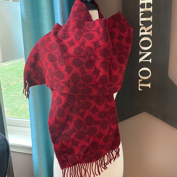 Coach Red on Red Signature Lambs Wool Scarf - Picture 5 of 9
